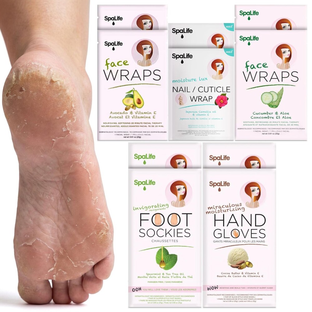 SpaLife 10 Piece Korean Face Mask & Moisturizing Hand Gloves Set | Foot Mask Socks for Dry Cracked Hands & Feet | Korean Skincare Cuticle Repair Mask Women | Self Care Gifts for Women | 10 Pack