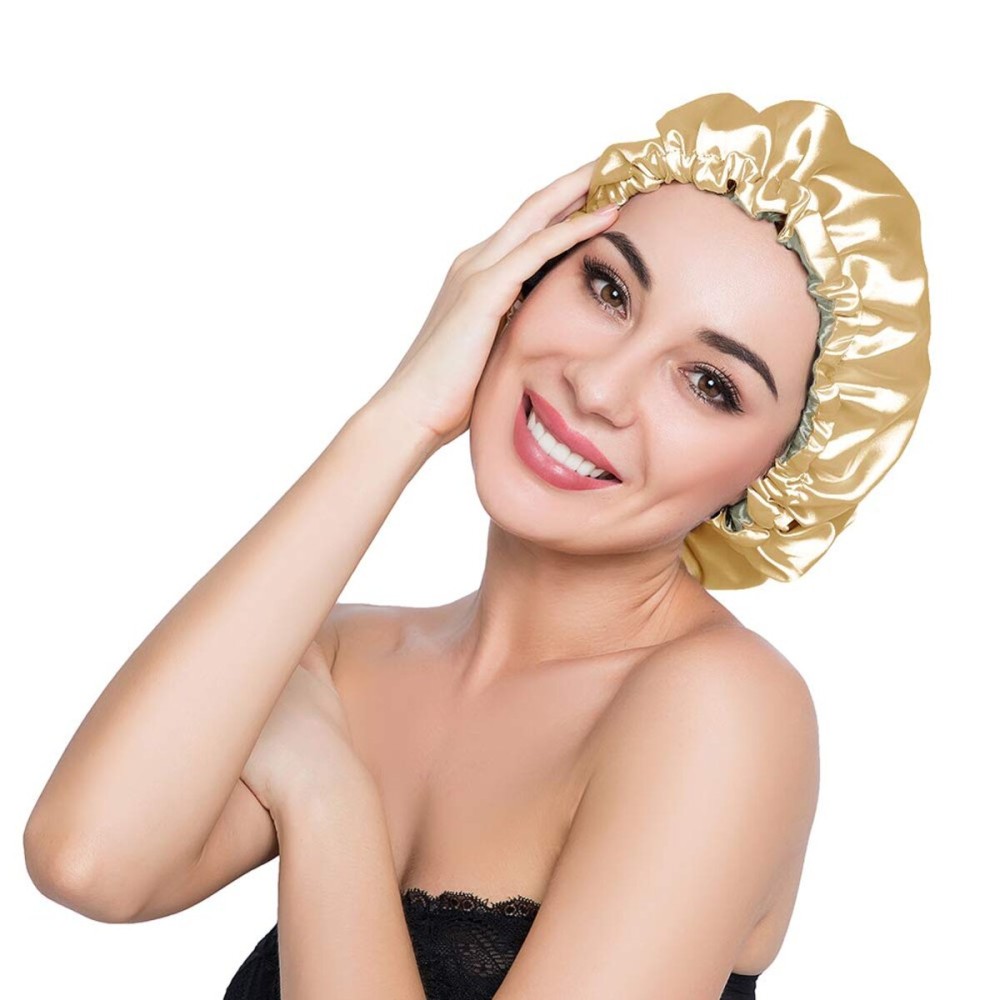 ELIHAIR Stain Bonnet Silky Sleep Cap Adjustable Satin Cap for Night Sleeping Hair Bonnet Reversible Double Layer Gold/Lime