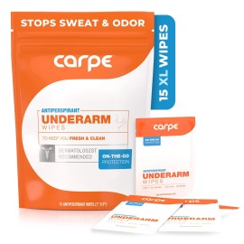 Carpe Antiperspirant Underarm Wipes for Sweat Blocking, Deodorizing, and Cleansing When Youre On the Move - 15 Residue Free, Individually Wrapped Wipes - Clean and Refreshing Scent