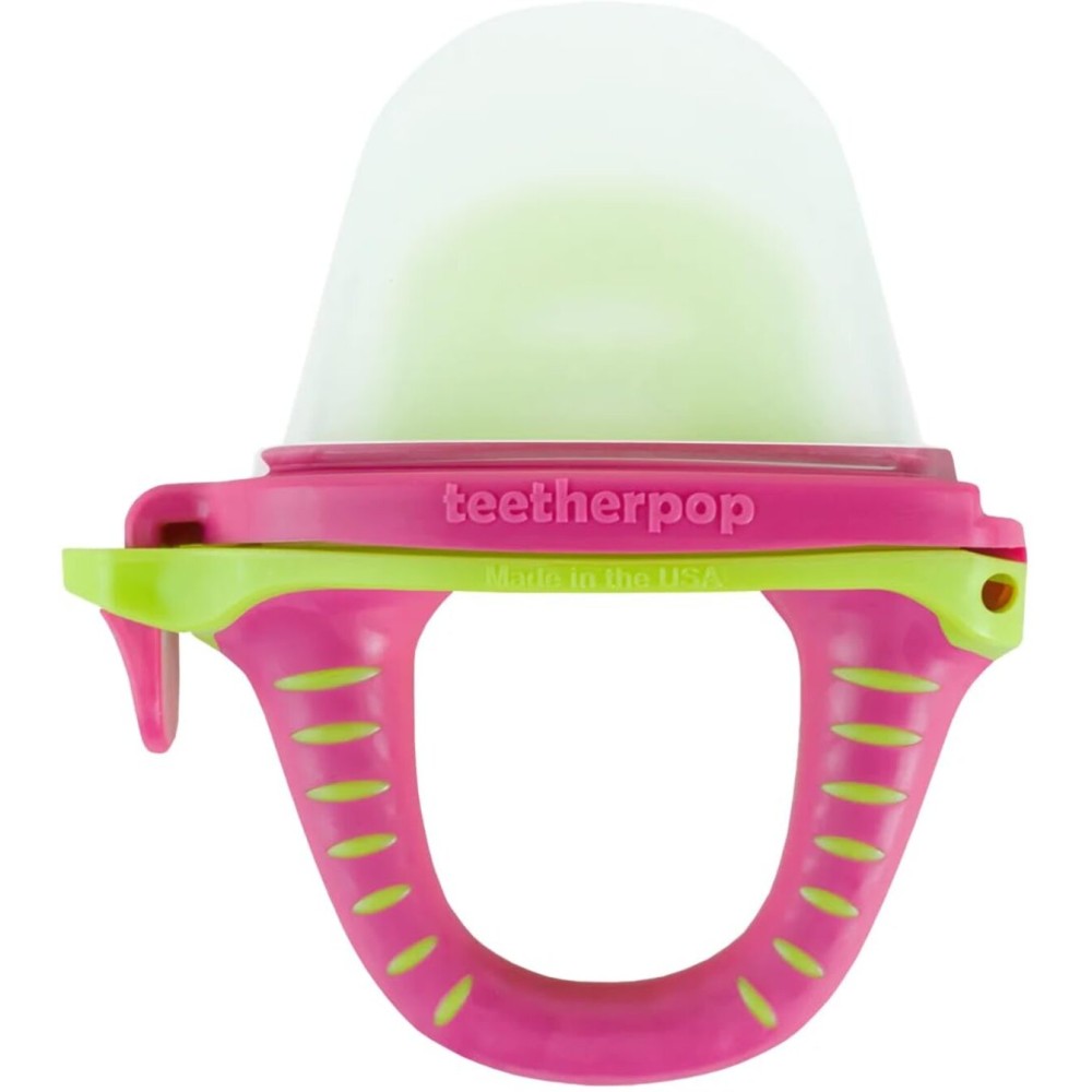 Teetherpop Fillable Silicone Teether for Babies - Breastmilk Popsicle Molds for Teething with Spill-Proof Sippy Slits - Freezable Baby Teethers for Liquids & Pures - Cool Teething Relief (PinkLimon)