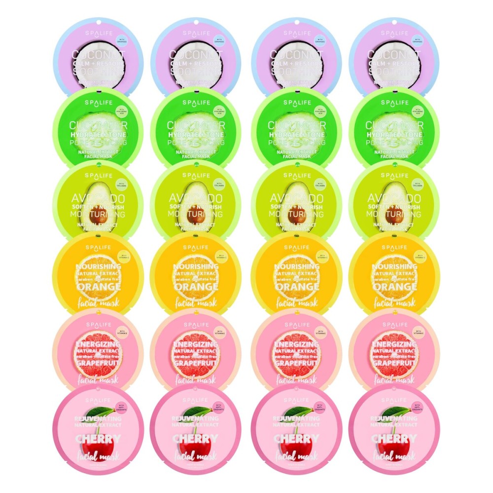 SpaLife Beauty Fruit Facial Sheet Masks 24 Pack - Face Masks Skincare Set - Hydrating Face Masks - 6 Natural Fruit Extract Formulas - Orange, Grapefruit, Coconut, Cherry, Avocado, Cucumber