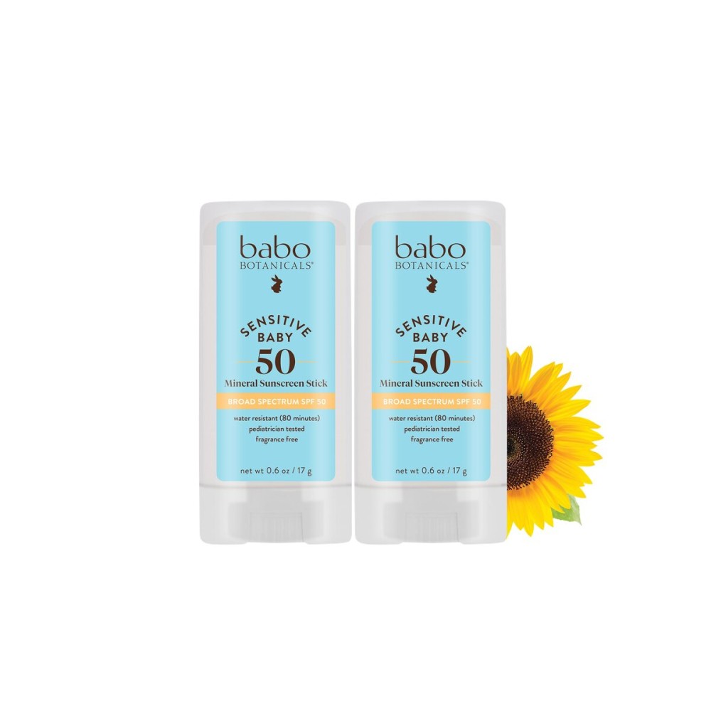 Babo Botanicals Sensitive Baby Mineral Sunscreen Stick SPF 50 - 70% Organic Ingredients - Zinc Oxide - NSF & MADE SAFE and EWG Certified - Water Resistant - Fragrance-Free - Babies & Kids - 2-Pack