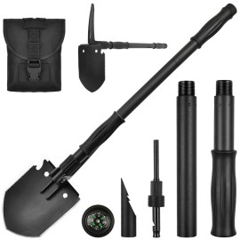 Survival Shovel, (28.3\'\') Camping Folding Shovel, Military Spade Multitool, Tactical Trench Tool, with Pickaxe, Compass, Whistle, Molle Bag for Digging, Metal-Detecting, Off Roading, Emergency