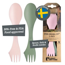 Light My Fire Spork Original 3-in-1 Camping Spoon Fork Knife Combo Reusable Travel & Camping Utensils Lunch Spork Outdoor Backpacking Hiking Picnic Utensil BPA Free, 2-Pack Green/Pink
