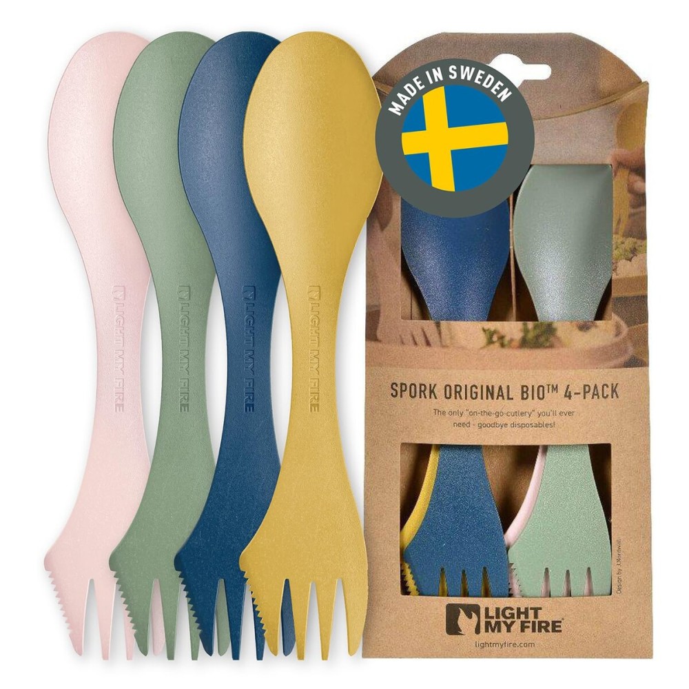 Light My Fire Spork Original 4-Pack 3-in-1 Camping Spoon Fork Knife Combo Reusable Travel & Camping Utensils Lunch Spork Outdoor Backpacking Hiking Picnic Utensil BPA Free, Nature