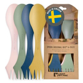 Light My Fire Spork Original 4-Pack 3-in-1 Camping Spoon Fork Knife Combo Reusable Travel & Camping Utensils Lunch Spork Outdoor Backpacking Hiking Picnic Utensil BPA Free, Nature