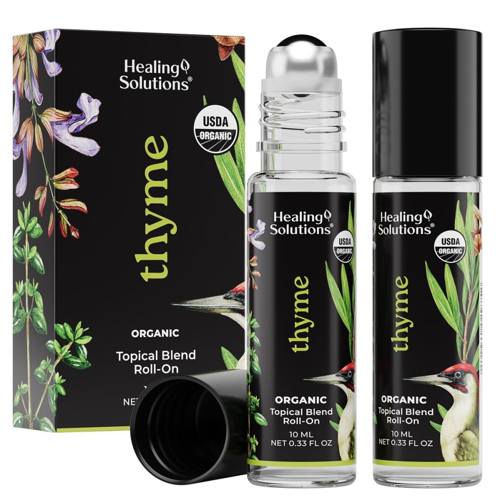 Healing Solutions (2 Pack) USDA Certified Organic Thyme Essential Oil Roll-On for Perfume, Body & Skin - Organic Thyme Oil Aromatherapy Roller