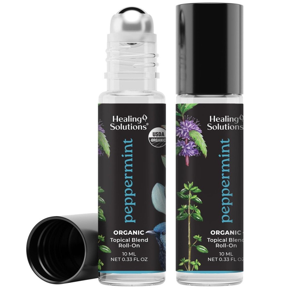 Healing Solutions (2 Pack) USDA Certified Organic Peppermint Essential Oil Roll-On Set for Body & Skin Care - Peppermint Essential Oil Roller