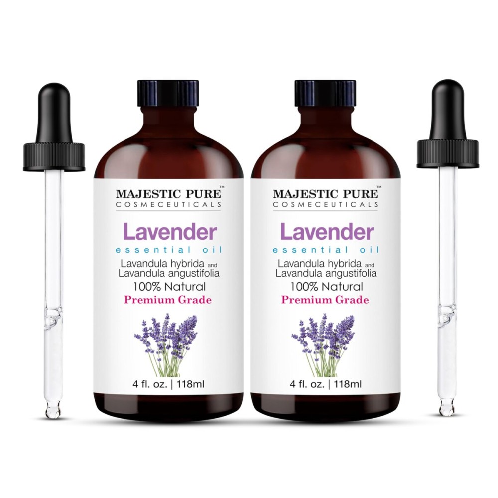 Majestic Pure Essential Oil with Glass Dropper - 100% Pure and Natural - Essential Oils for Diffuser, Aromatherapy, Soap and Candle Making, Lavender Essential Oil, Lavender Oil, 4 Fl Oz Pack of 2
