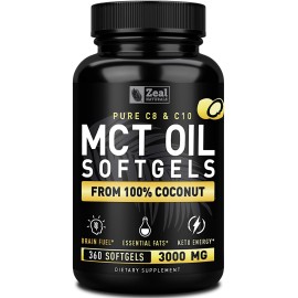 Zeal Naturals Pure MCT Oil Capsules - 3000mg, 360 Softgels |C10, C8 MCT Oil Unrefined Coconut | Energy Support & Brain Fuel Supplement | Gluten-Free