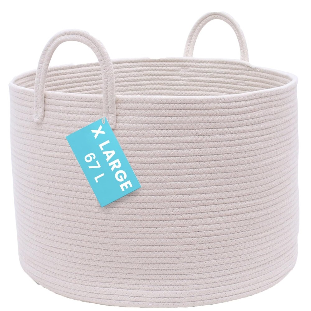 OrganiHaus Large Woven Storage Basket for Blankets and Toys 20 x 13 Inch, Rope Laundry Basket with Handles, Cushions & Pillows Storage Bin, Nursery Hamper, Soft Round Dog Toy Bin - Off-White