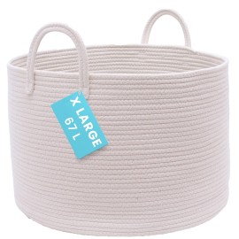 OrganiHaus Large Woven Storage Basket for Blankets and Toys 20 x 13 Inch, Rope Laundry Basket with Handles, Cushions & Pillows Storage Bin, Nursery Hamper, Soft Round Dog Toy Bin - Off-White