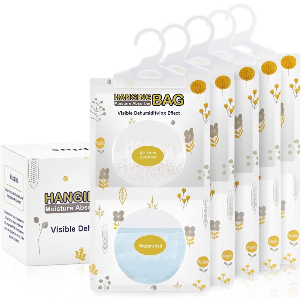 Vacplus Moisture Absorbers Packets, Fragrance Free 5 Pack, Humidity Packs, Dessicant Packets, Hanging Closet Dehumidifier Bags, Odor Eliminator for Bathroom 9.8OZ