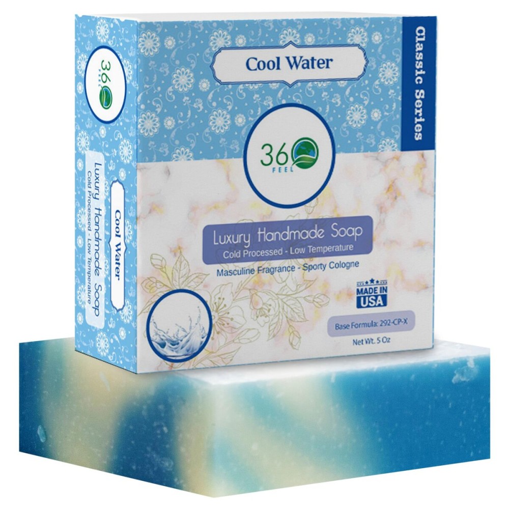 360Feel Cool Water Soap - Made in the USA - Castile Handmade All Natural Cold Processed - Infused with Cool Water Scent for Gentle Cleanse & Moisturizing Lather - Rich Foam (5 oz)
