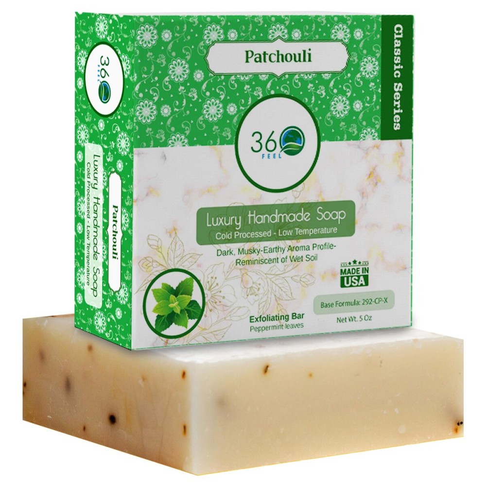 360Feel Patchouli Soap - Made in the USA - Castile Handmade, All Natural, Cold Processed - Infused with Patchouli for Relaxation and Gentle Cleanse - Rich Moisturizing Lather - 5 oz