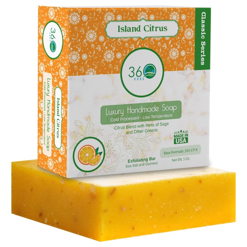 360Feel Island Citrus Soap - Made in the USA - Castile Handmade, All-Natural, Cold-Processed - Infused with Island Citrus for a Tropical Scent - Rich, Creamy Lather - 5 oz