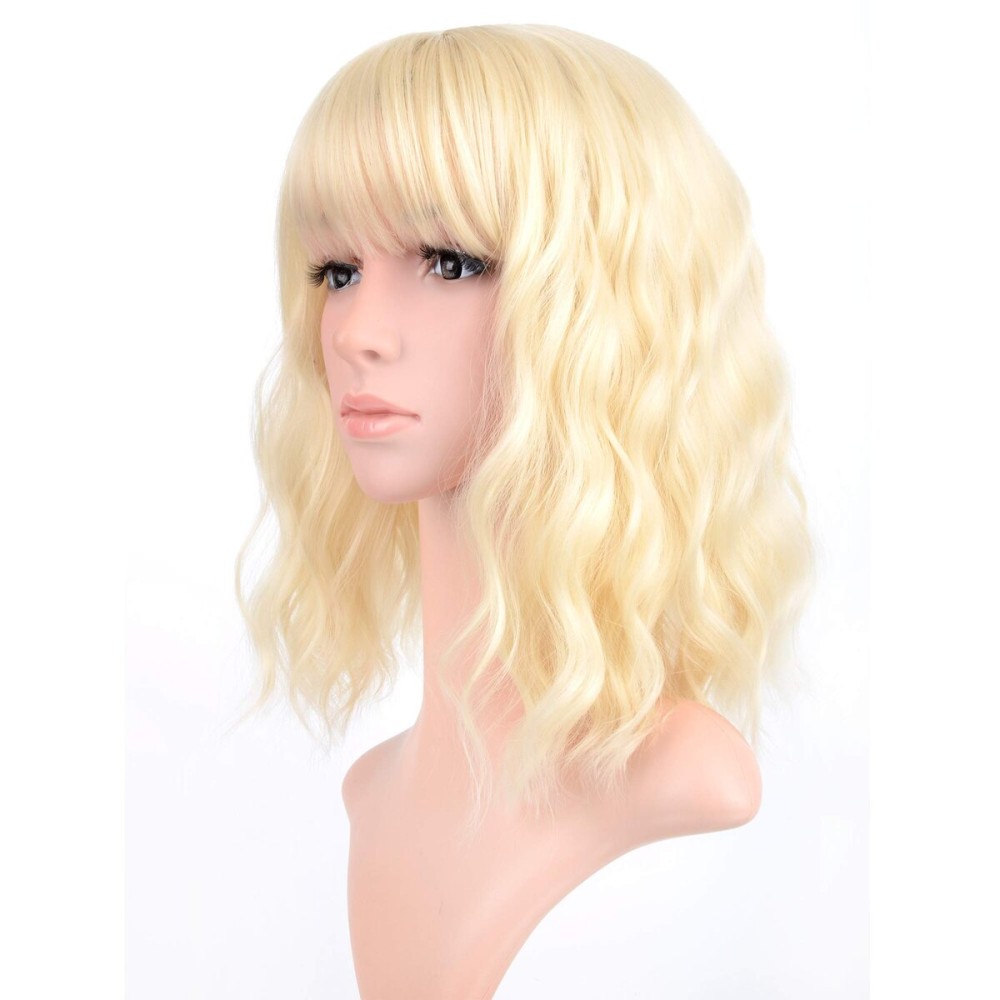 VCKOVCKO Blonde Pastel Wavy Wig With Air Bangs Women Short Wavy Light Blonde for Cosplay Party Bob Style Pastel Bob Synthetic Cosplay Wig for Girl(12, Blonde)