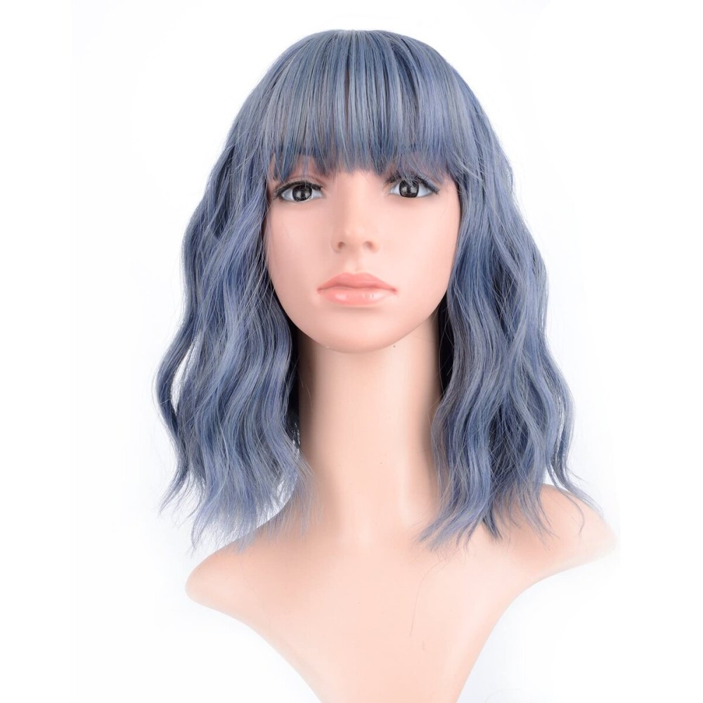 VCKOVCKO Wavy Wig Short Bob Wigs With Air Bangs Shoulder Length Women\'s Short Wig Curly Wavy Synthetic Cosplay Wig Pastel Bob Wig for Girl Colorful Costume Wigs(12, Mix Blue)