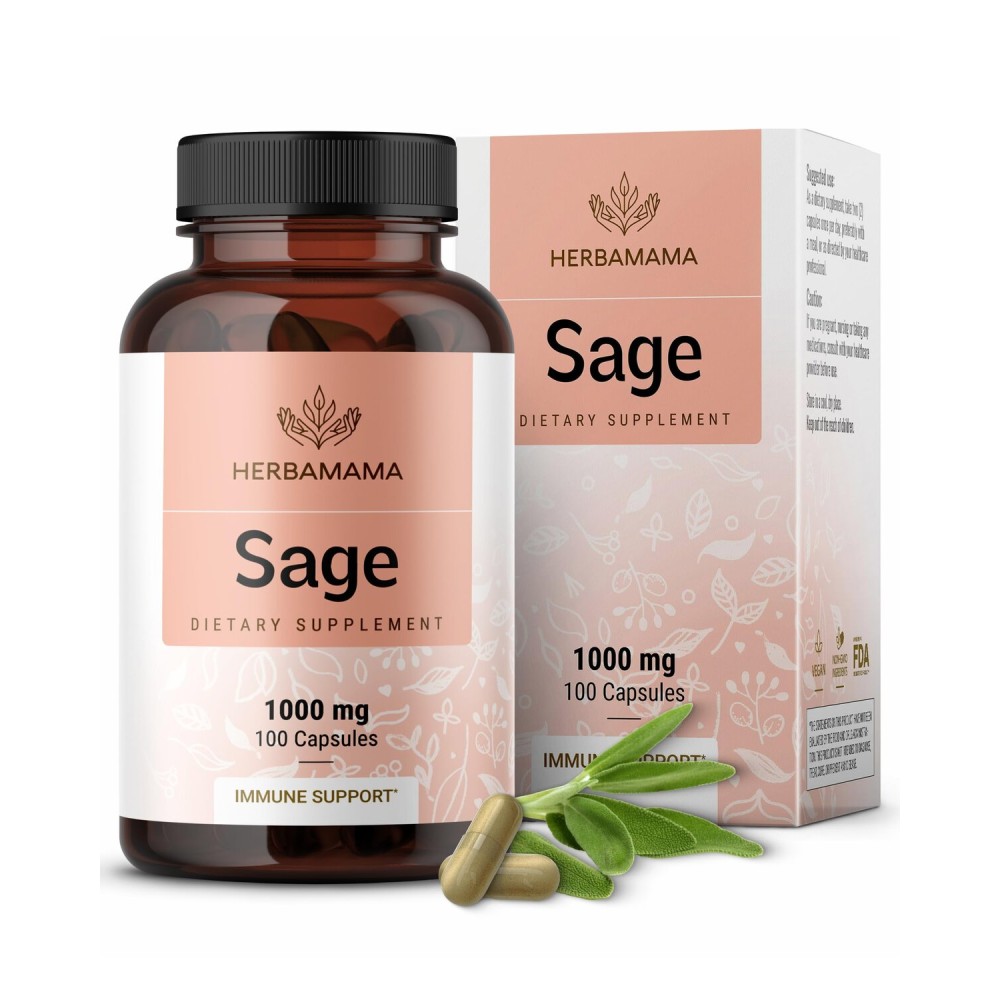 HERBAMAMA Sage Capsules - 1000mg Natural Digestive & Immune Support - Sage Leaves for Brain Clarity - Vegan, Non-GMO Salvia Officinalis Antioxidant Supplement