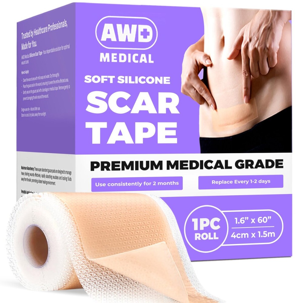 AWD Silicone Scar Tape Roll 60in - Medical Grade Scar Tape for Surgical Scars, C Section, Tummy Tuck - Reusable Silicone Scar Sheets for Keloid Bump Removal & Postpartum Essentials (60in)