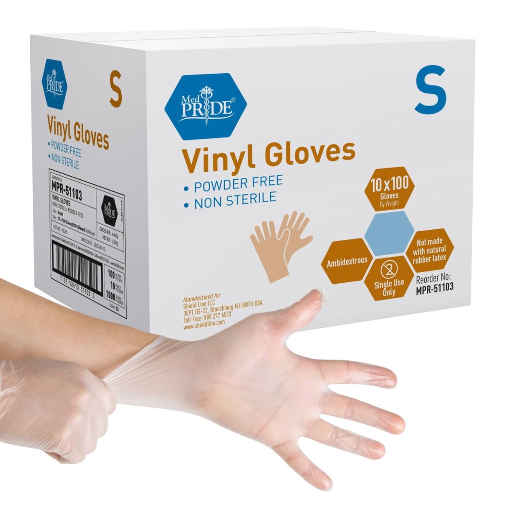 Med PRIDE Vinyl Gloves| 4.3 mil Thick, Powder-Free, Non-Sterile, Heavy Duty Disposable Gloves| Medical, Food Hand