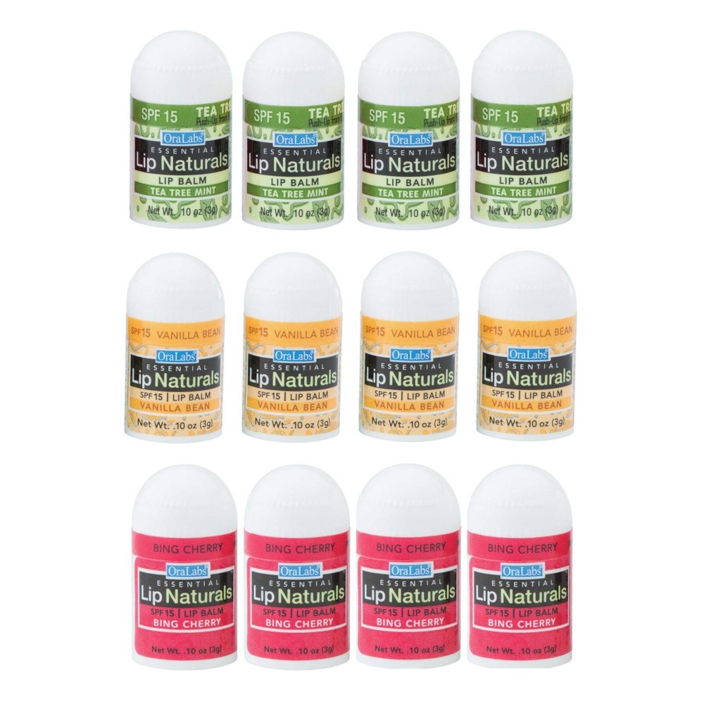 Lip Naturals | Assorted Mini Lip Balm with Sunscreen (SPF-15) | Made in USA | 12-Count Pack with Bing Cherry, Tea Tree Mint, and Vanilla Bean Flavors (0.10oz/3g Each)
