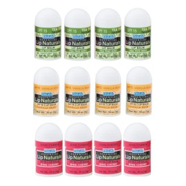 Lip Naturals | Assorted Mini Lip Balm with Sunscreen (SPF-15) | Made in USA | 12-Count Pack with Bing Cherry, Tea Tree Mint, and Vanilla Bean Flavors (0.10oz/3g Each)