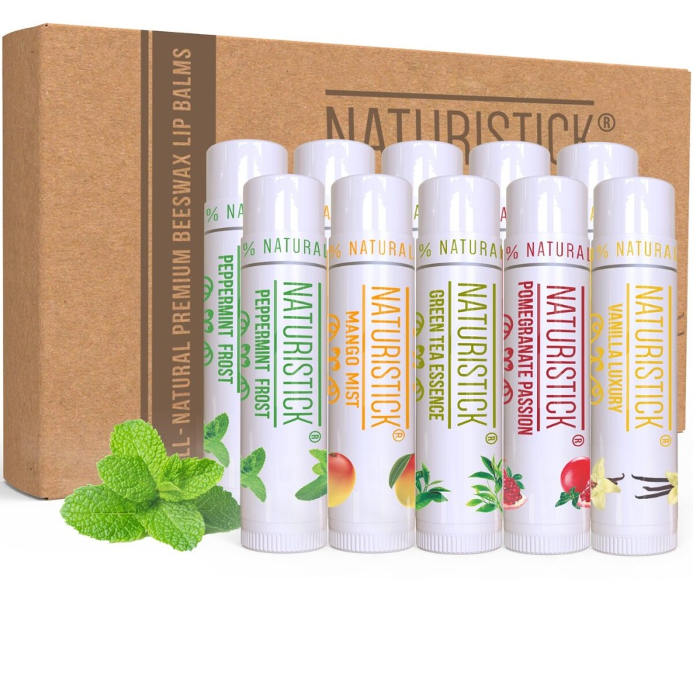 Naturistick Premium Beeswax Lip Balm for Dry, Chapped Lips | 100% Natural Lip Care | Coconut Oil, Shea Butter, Aloe Vera | Moisturizing, Chemical-Free Chapstick | 10 Pack Assorted Scents | Made in USA