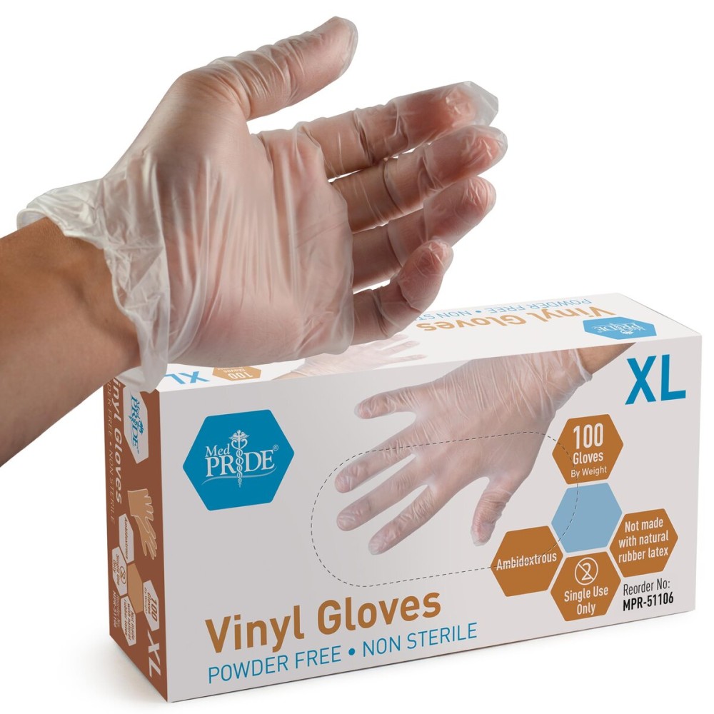 Med PRIDE Vinyl Gloves| X-Large Case of 1000| 4.3 mil Thick, Powder-Free, Non-Sterile, Heavy Duty Disposable Gloves| Professional Grade for Healthcare, Medical, Food Handling, and More