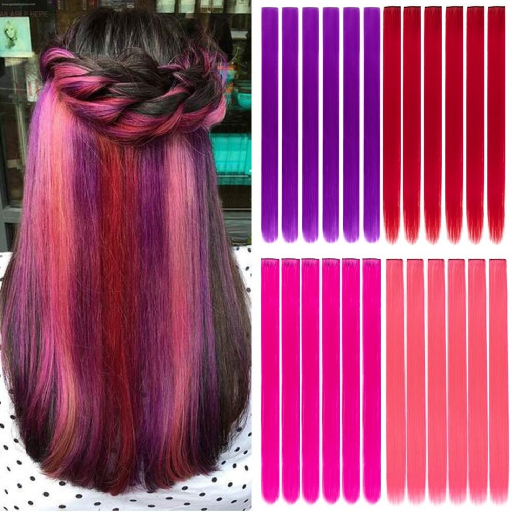 20 Pcs Colored Clip in Hair Extensions 20 Inch Long Straight Party Highlights Synthetic Hairpieces for Women Kids Girls(Red, Rose Red, Pink, Purple)
