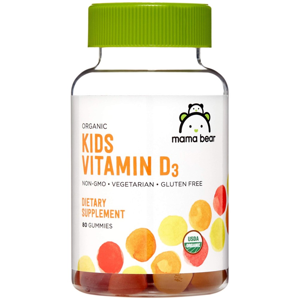 Amazon Brand - Mama Bear Organic Kids Vitamin D3 25 mcg (1000 IU) Gummies per serving, Bone and Immune Health, Strawberry, 80 Count