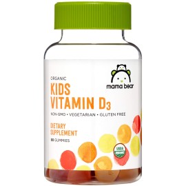 Amazon Brand - Mama Bear Organic Kids Vitamin D3 25 mcg (1000 IU) Gummies per serving, Bone and Immune Health, Strawberry, 80 Count