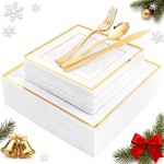 WDF 125pcs Gold Christmas Plastic Plates Set - Fall Plastic Plates Gold Rimmed Dinner & Salad Plate, Silverware (25 Forks, Knives, Spoons) for Christmas