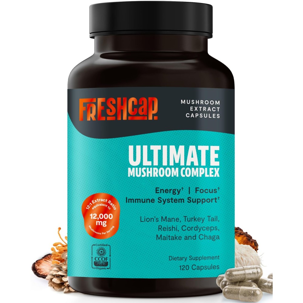 FreshCap Mushrooms Ultimate Mushroom Supplement 12,000mg - Mushroom Complex Capsules, Organic Supplement Ayurveda (120 Capsules)