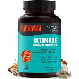 FreshCap Mushrooms Ultimate Mushroom Supplement 12,000mg - Mushroom Complex Capsules, Organic Supplement Ayurveda (120 Capsules)