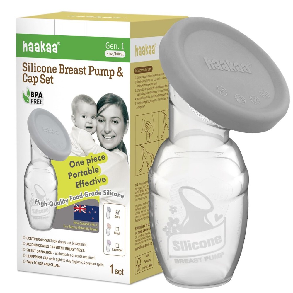 haakaa Manual Breast Pump Breastfeeding Pump with Food Grade Silicone Cap (Grey) 4oz/100ml
