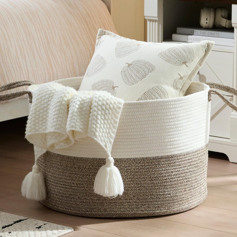 Luxury Little XXXL Nursery Storage Basket, 22 x 22 x 14 inches - 100% Cotton Rope Baskets with Handles, Laundry Basket for Toys, Blankets and Pillows - Off White & Beige