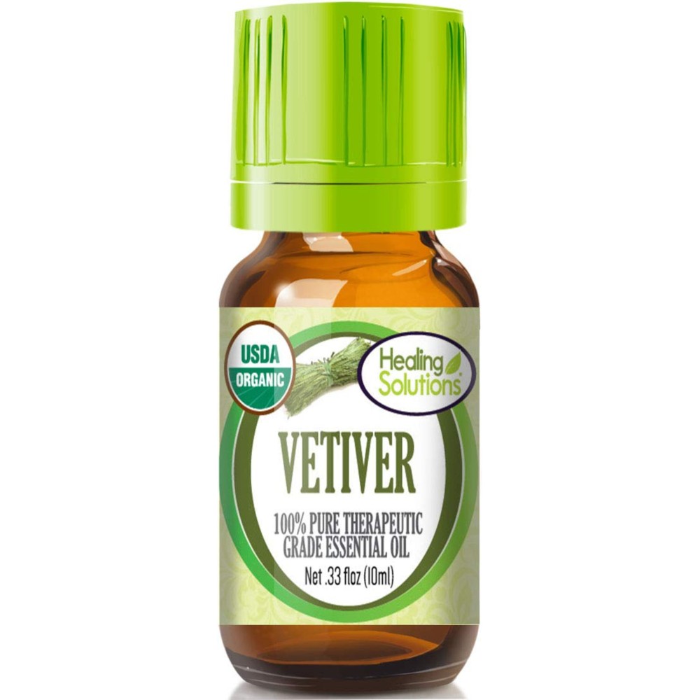 Healing Solutions Vetiver Essential Oil (0.33 oz, 10ml) - Organic, Pure, Undiluted - Therapeutic Grade - for Hair, Diffuser, Aromatherapy & Skin