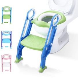 KATARUS Potty Training Toilet Seat with Step Stool Ladder for kids and baby Adjustable Toddler Toilet Training Seat with Soft Not-Cold Padded Seat Safe Handles and Non-Slip Wide Steps, Blue-Green