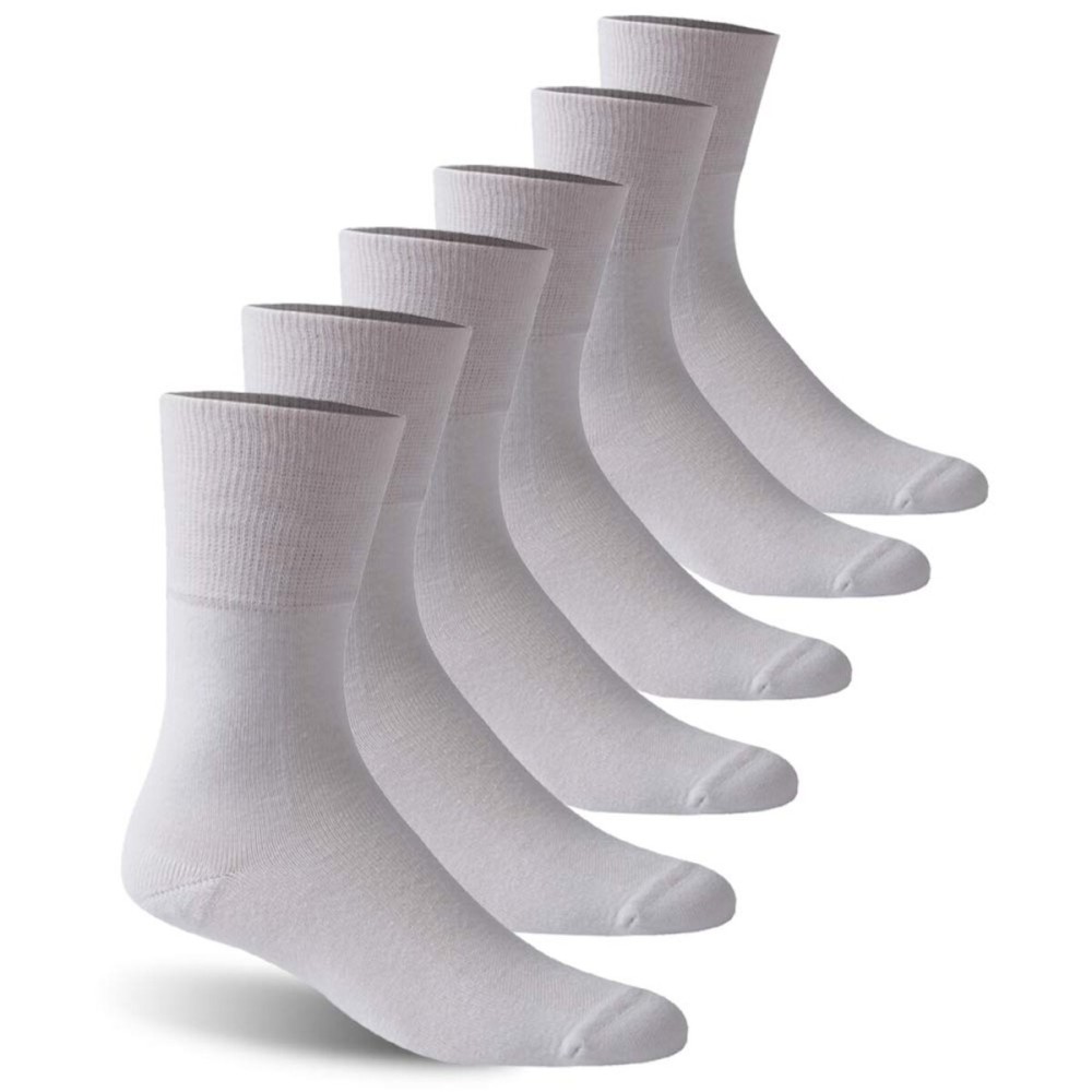 Facool Mens Diabetic Socks, Crew Non Binding Unisex Diabetic Cotton Loose Top Crew Super Soft Moisture Wicking Wide Anti-sweat Breathable Socks Fit for Better Circulation, 6 Pairs White