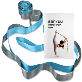 SANKUU Yoga Straps Stretching Strap with 12 Loops Workout Poster, Straps for Stretching Physical Therapy Equipment Long Stretch Out Bands for Exercise, Pilates and Gymnastics for Women Men (Blue)
