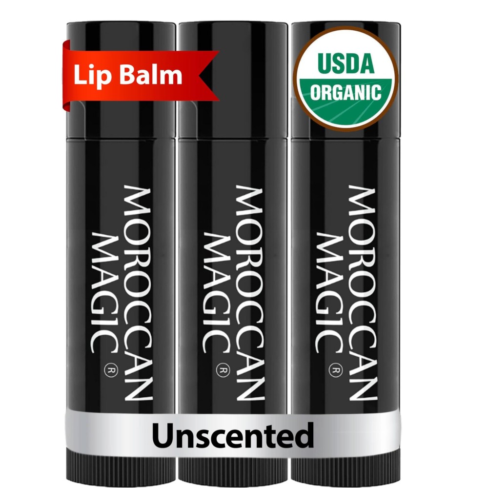 Moroccan Magic Organic Unscented Lip Balm 3 Pack | Ultra-Hydrating Argan Oil Lip Moisturizer + Vitamin E | Natural Chapstick for Dry Lips | Smooth, Non-Toxic | Organic Lip Balm