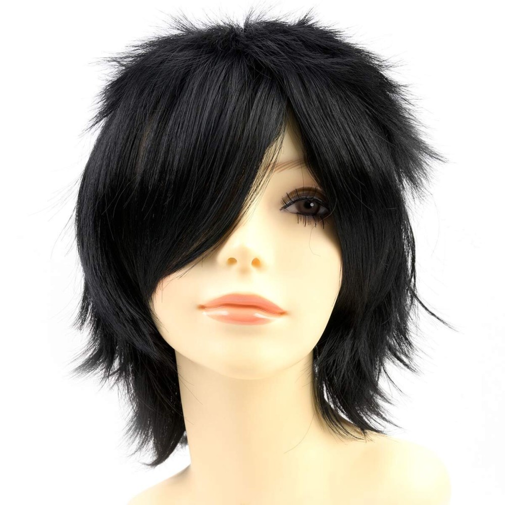 Modernfairy Anime Halloween Wig Dark Black for Cosplay Party, Synthetic Layered Short Hair Wigs with Bangs, Pastel Wigs for Women Men