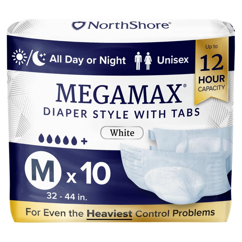 NorthShore MegaMax Adult Overnight Diapers, 12-Hour Tab-Style, Medium, 10 Count Bag, White, 32-44 inches, Unisex Incontinence Underwear