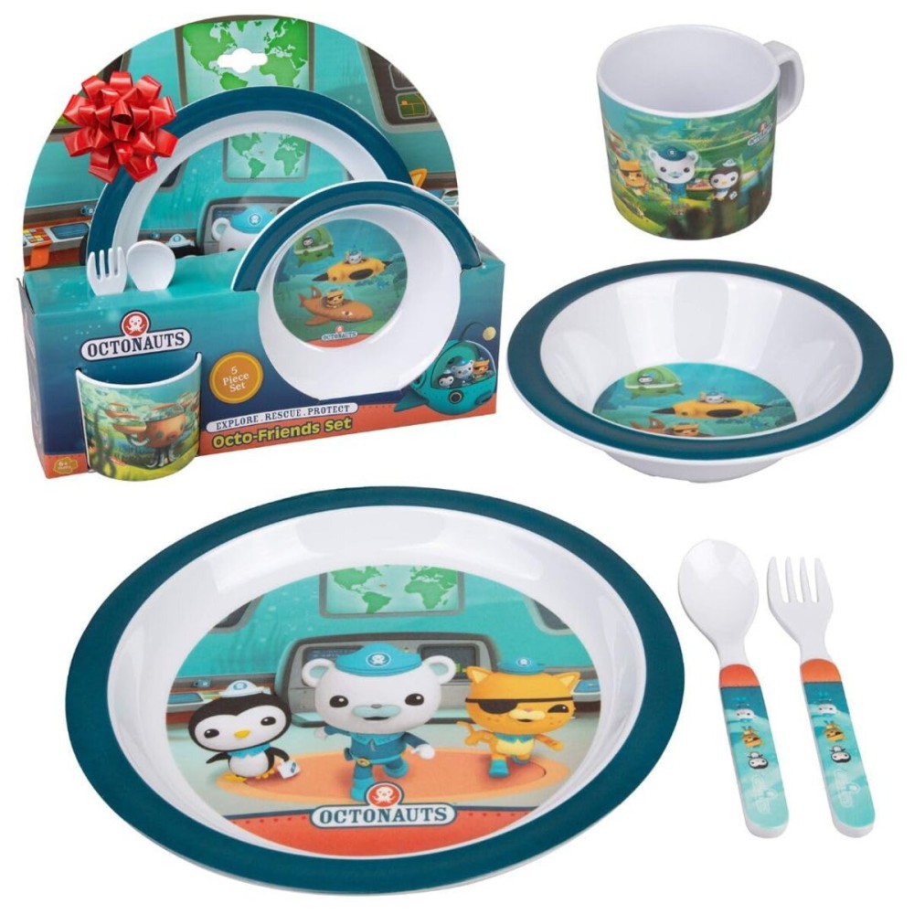 Octonauts 5 Pc Mealtime Set for Kids- Blue Octo-Friends - Includes Raised Edge Plate, Bowl, Cup, Fork and Spoon- Durable, Dishwasher Safe, BPA Free- Picky Eaters, Easy Self-Feeding- Toddler XMAS Gift