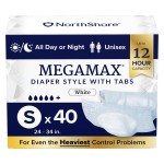 NorthShore MegaMax Adult Overnight Diapers, 12-Hour Tab-Style, Small, 40 Count Case, White, 24-34 inches, Unisex Incontinence Underwear