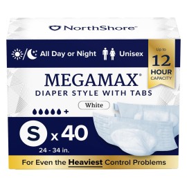 NorthShore MegaMax Adult Overnight Diapers, 12-Hour Tab-Style, Small, 40 Count Case, White, 24-34 inches, Unisex Incontinence Underwear