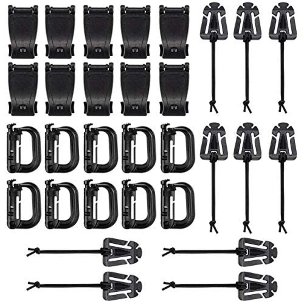 BOOSTEADY Kit of 30 Attachments for Molle Bag Tactical Backpack Vest Belt,D-Ring Grimloc Locking Gear Clip, Web Dominator Elastic Strings, Strap Management Tool Buckle