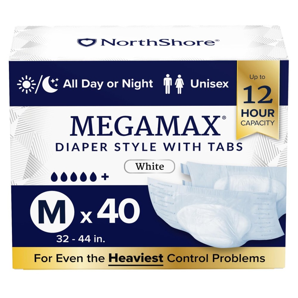 NorthShore MegaMax Adult Overnight Diapers, 12-Hour Tab-Style, Medium, 40 Count Case, White, 32-44 inches, Unisex Incontinence Underwear