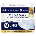 NorthShore MegaMax Adult Overnight Diapers, 12-Hour Tab-Style, Medium, 40 Count Case, White, 32-44 inches, Unisex Incontinence Underwear
